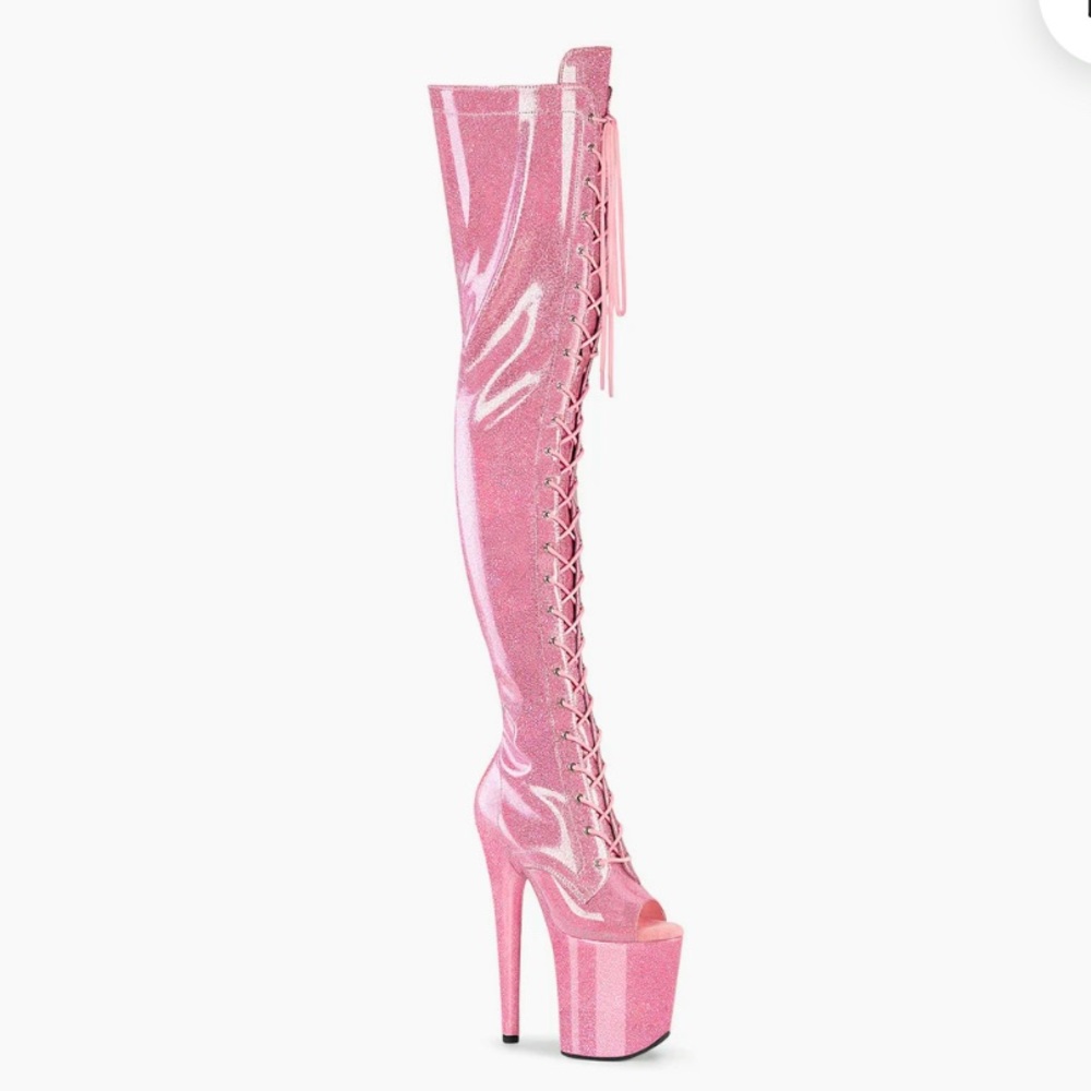 Pleaser 8” over the knee open toe boots sparkly pink size 9 lightly worn
